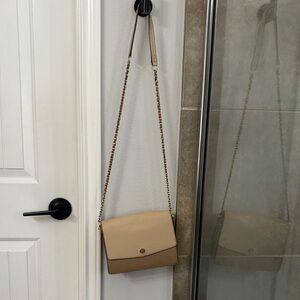 Beige Two-Tone Chain Strap Shoulder Bag